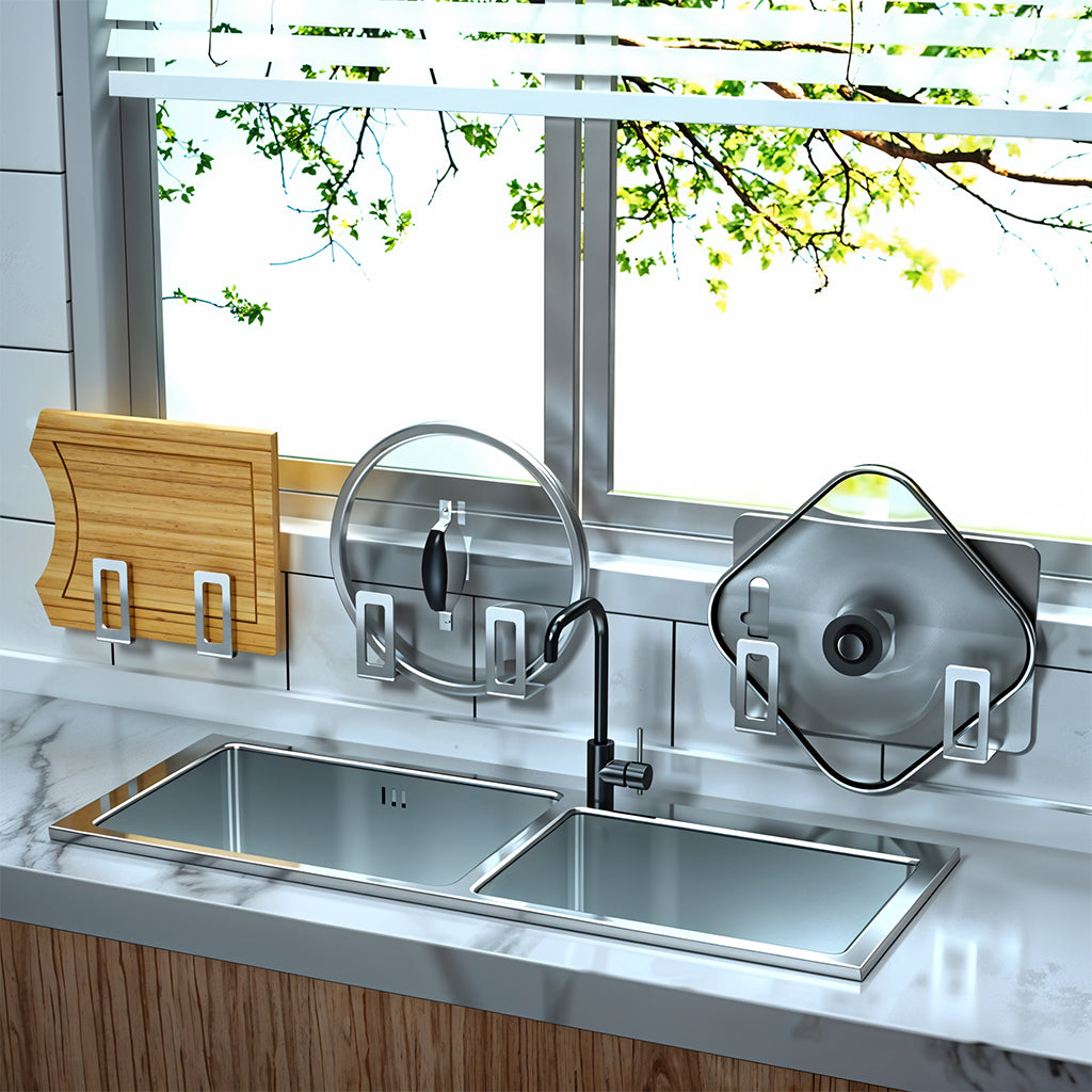 HASTHIP 4Pcs Wall Pot Lid Holders Rackets Pre-punched Hole Design Stainless Pot Lid Organizer Holder Space Saving Kitchen Utility Wall Brackets for Pot Lids, Pan, Chopping Board HASTHIP 4Pcs Wall Pot Lid Holders Rackets Pre-punched Hole Design Stainless Pot Lid Organizer Holder Space Saving Kitchen Utility Wall Brackets for Pot Lids, Pan, Chopping Board